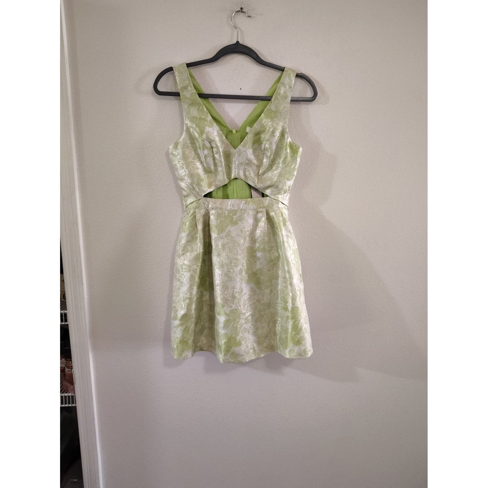 Sans Souci Lime Green Silver‎ Floral Brocade Cutout Mini Dress GSD-227 Small NWT